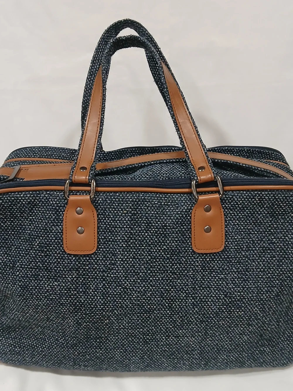 Vintage Pierre Cardin Tweed Weekender Duffel Travel Bag Blue Tan Leather Trim